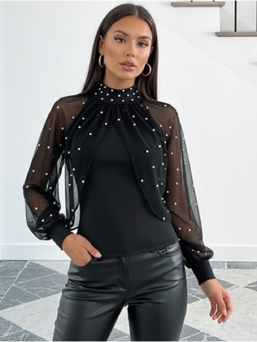 Chic Black Sheer Pearl Embellished High Neck Blouse Size S